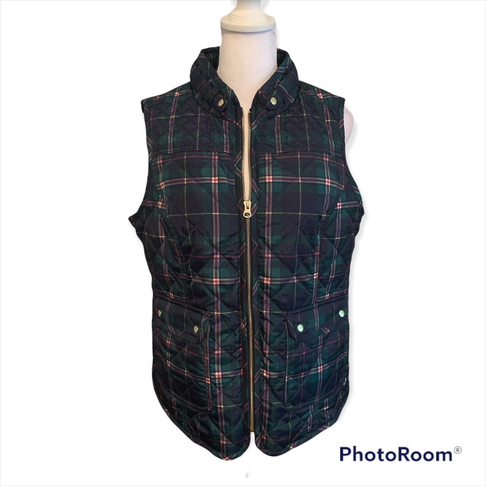 Crown & Ivy Icon Womens‎ Quilted Vest Green Navy Blue Plaid Full Zip Size Medium